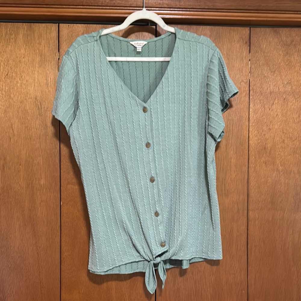 Weatherproof Green Ribbed Button Down Shirt with Tie Front